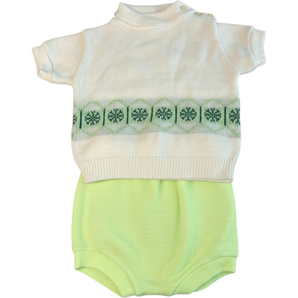 Vintage Carson Pirie Scott Knit Baby Set White Green Snowflake Sweater Bloomers
